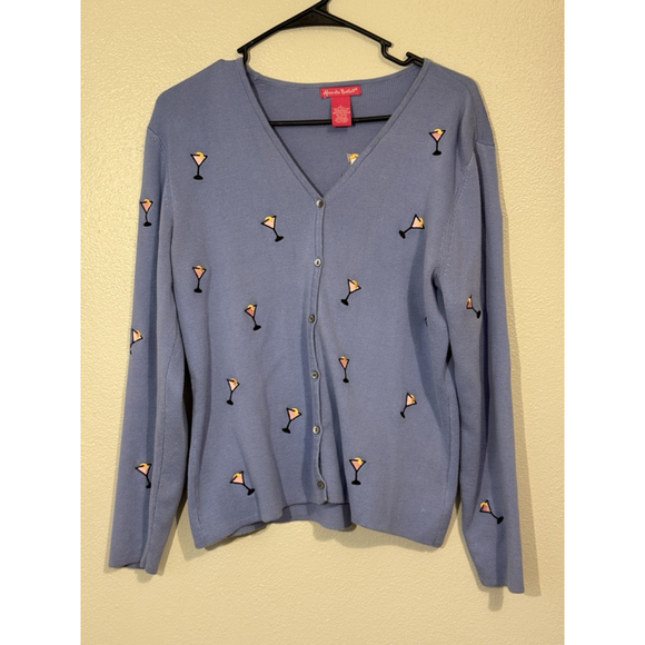 Alexandra Bartlett Sweaters - Alexandra Bartlett Women L Cardigan Sweater Cocktail Martini Blue Embroidery Y2K